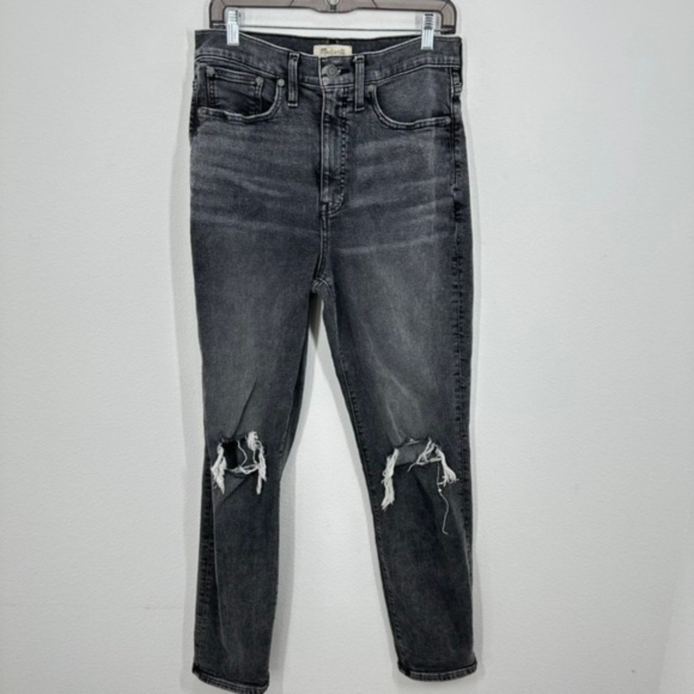 Madewell Women's 28‎ Tall Mom Denim Jean Dark Wash Distressed Knee High Rise